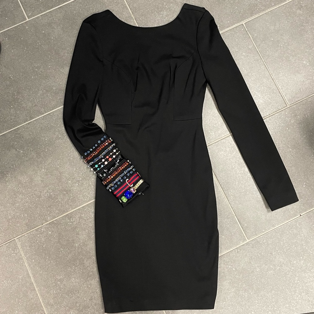 Cynthia Rowley Black Ponte Long Sleeve Embellished Cocktail Dress NWT Low Back